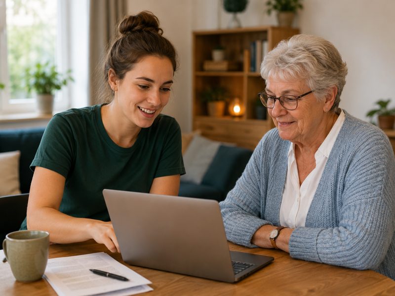 Computerhulp aan tafel met laptop, samen iets uitzoeken